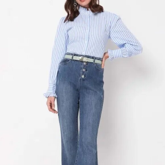 Vero Moda Striped Cotton High Ruffle Neck / Cuffs Women's Button Up Shirt (MED) - Picture 15 of 15